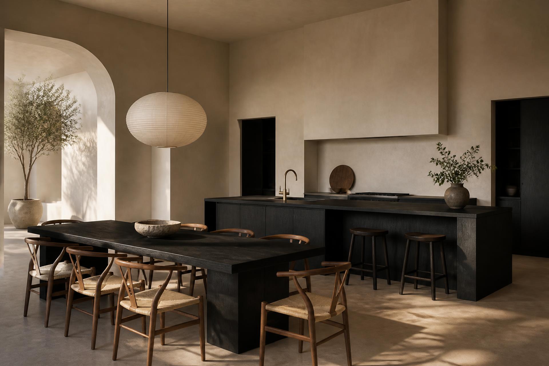 Contemporary kitchen and dining space rendered in Black Ash