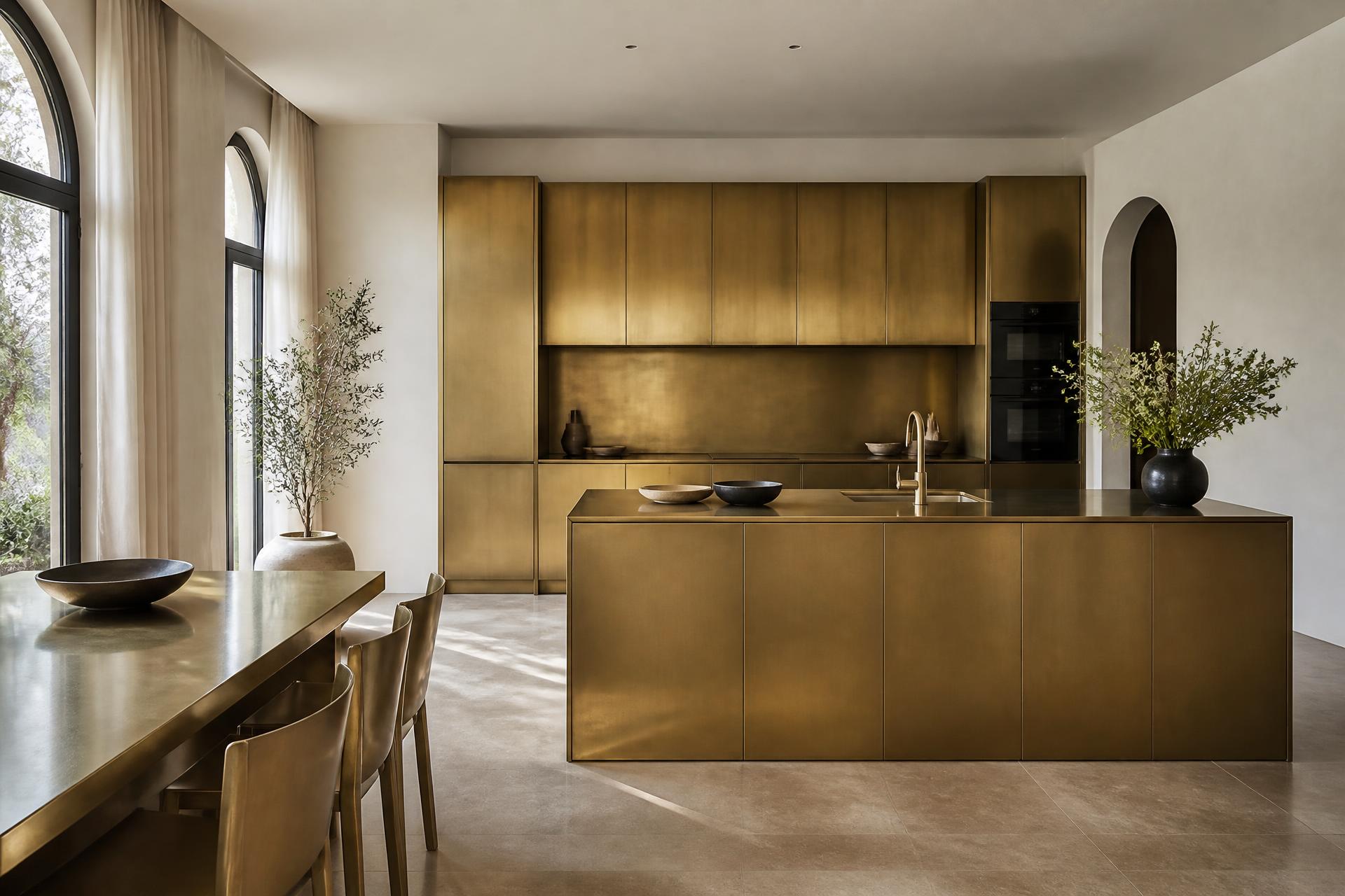 Contemporary kitchen and dining space rendered in Brushed Brass