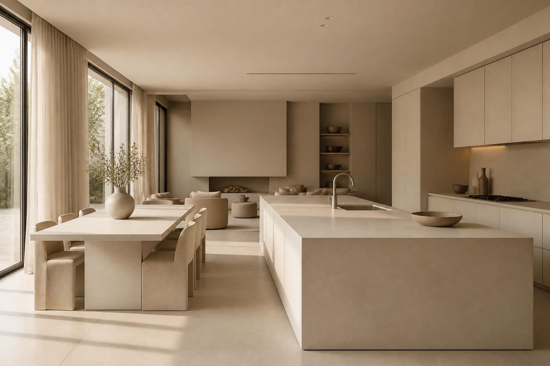 Contemporary kitchen and dining space rendered in Ceramic