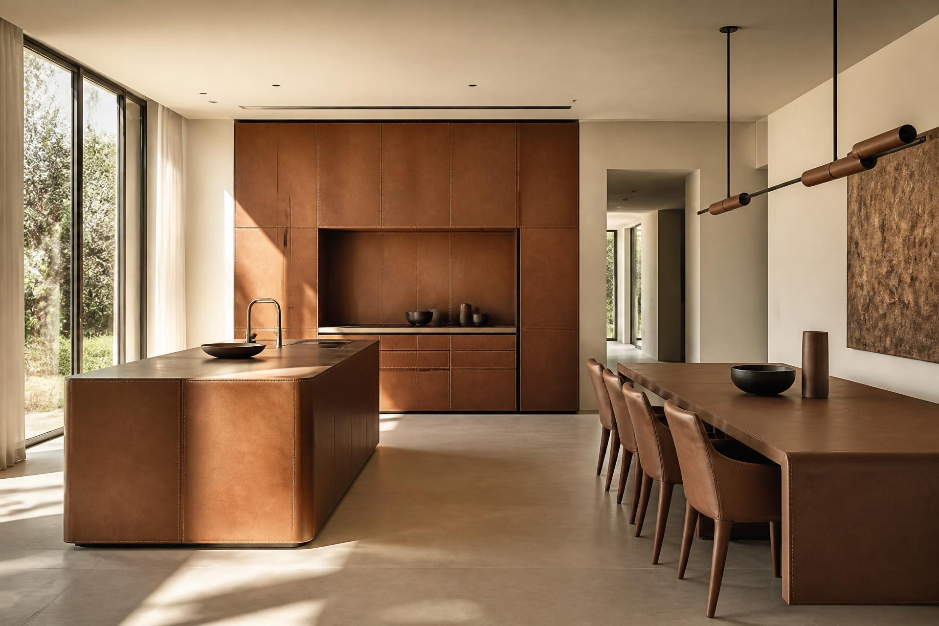 Contemporary kitchen and dining space rendered in Leather