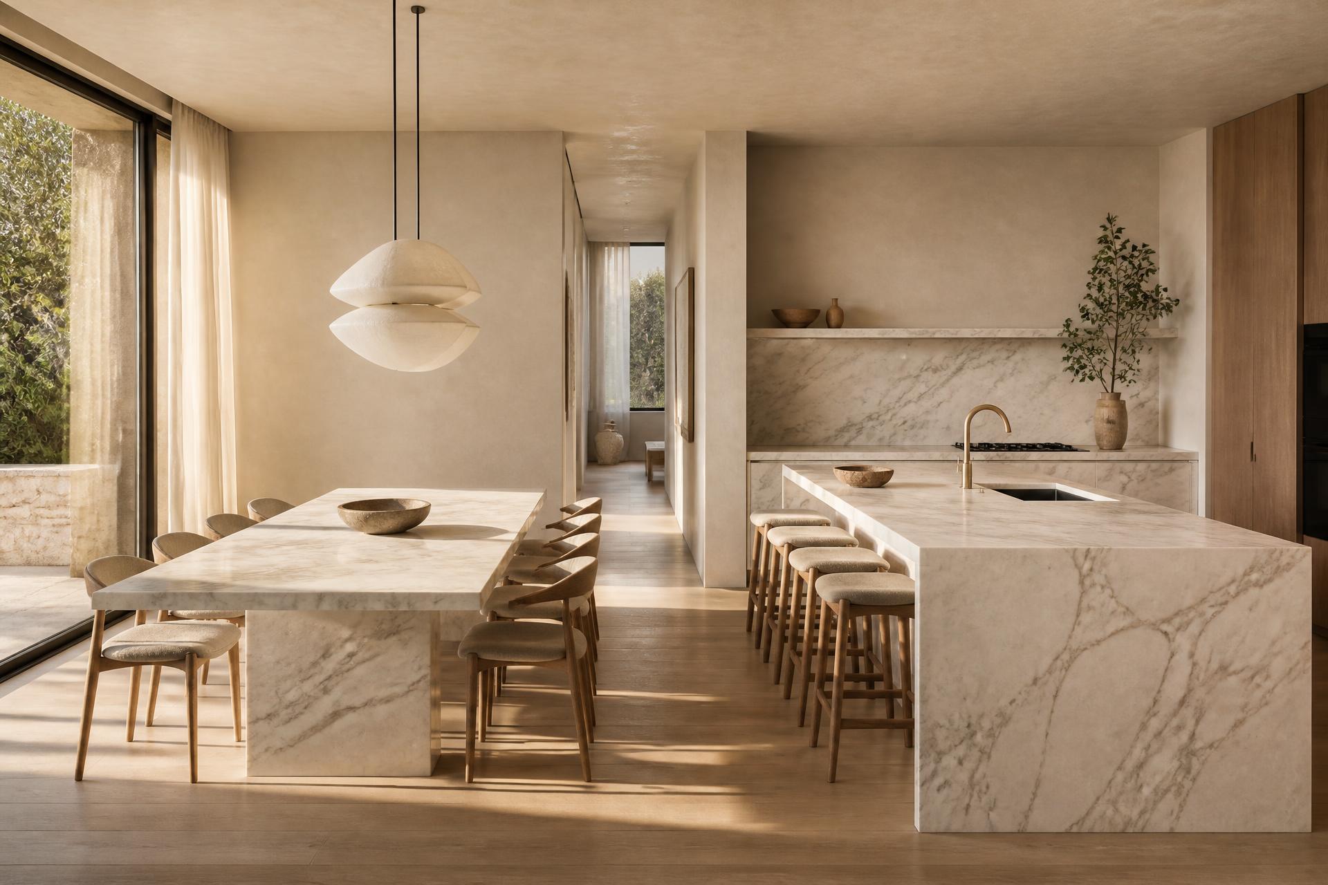 Contemporary kitchen and dining space rendered in White Marble