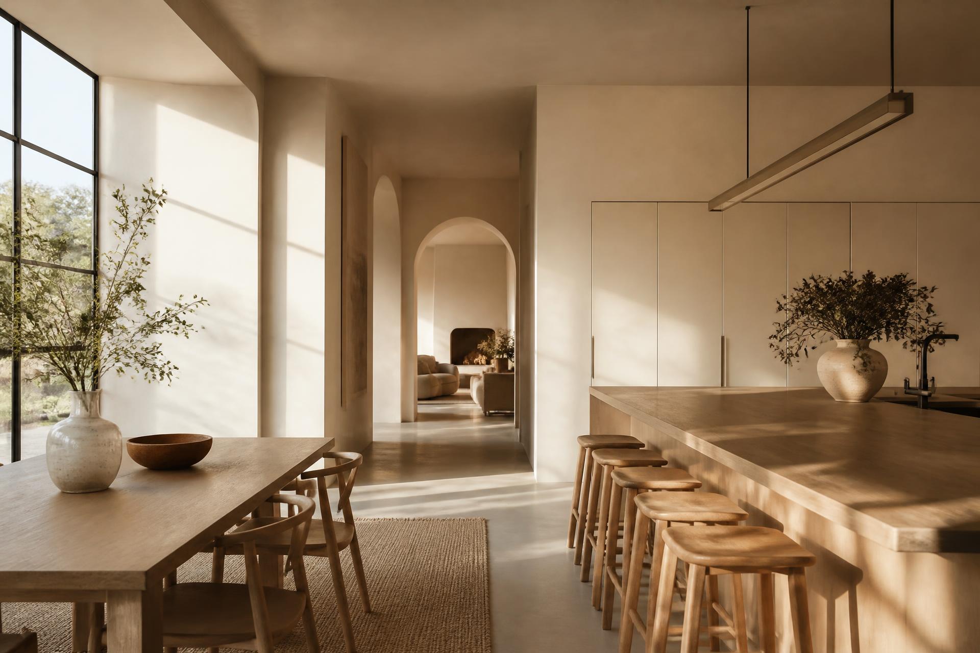 Contemporary kitchen and dining space rendered in Natural Oak
